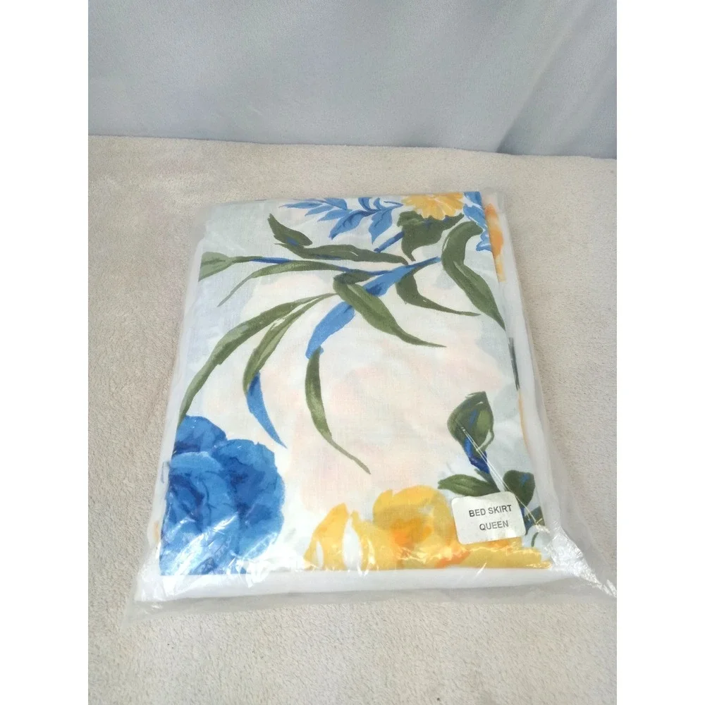 Floral Queen Bed Skirt Blue Yellow White Vintage Cottagecore Grandmacore Valance